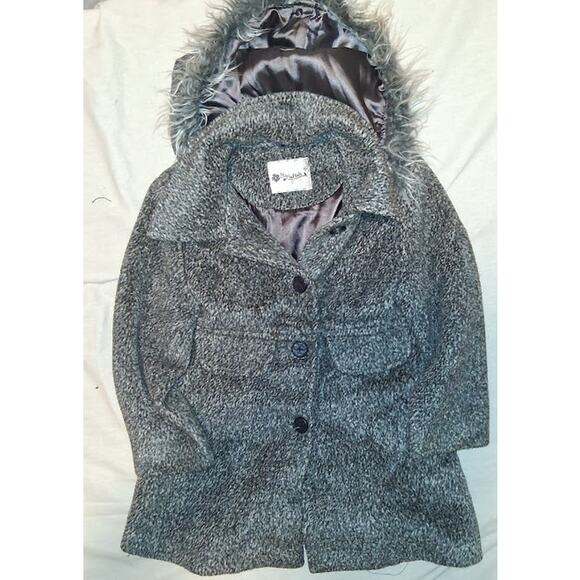 Girls Gray Tweed Coat with Faux Fur Hood – Size 7 by Marblekids - Picture 1 of 4